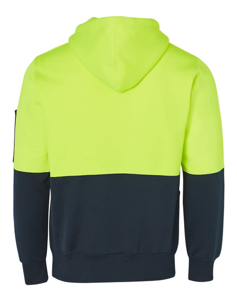 A Hi-Vis two-tone hoodie in fluorescent yellow and navy, featuring a hood and kangaroo pocket, with a logo on the sleeve.
