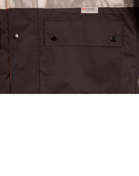 A black and grey safety jacket featuring 3M reflective tape and a front pocket with snap buttons. It has a branding label.