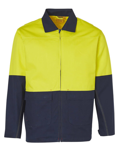 A Hi-Vis two-tone work jacket in fluorescent yellow and navy, featuring a front zipper and pockets.