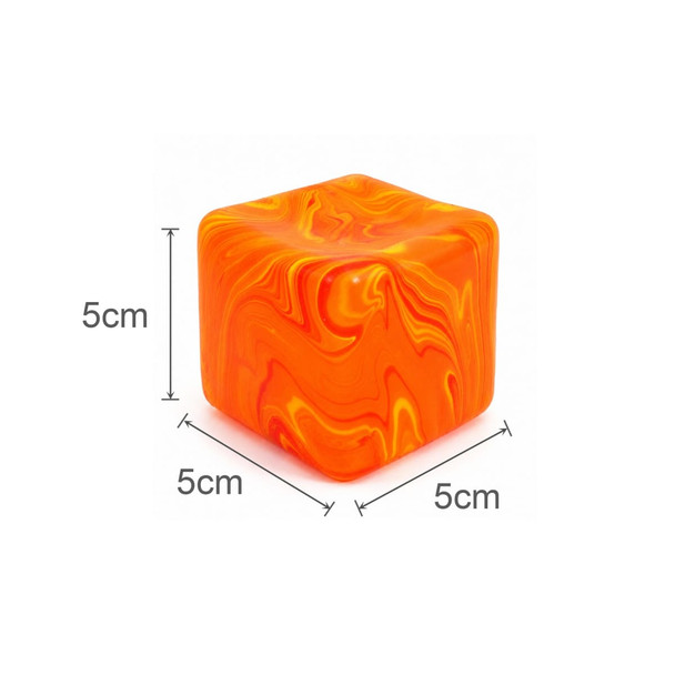 A colourful orange cube measuring 5cm on each side, with a marbled pattern. It has a smooth, squishy texture.