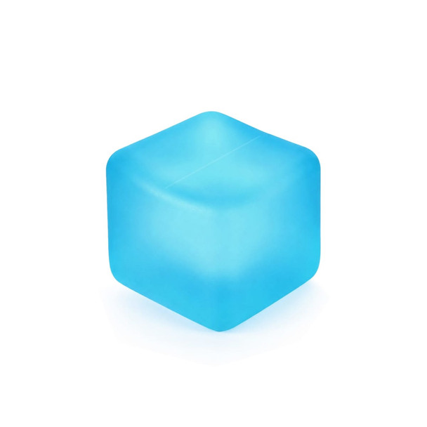 A blue squishy stress relief cube with a smooth, glossy surface and rounded edges.