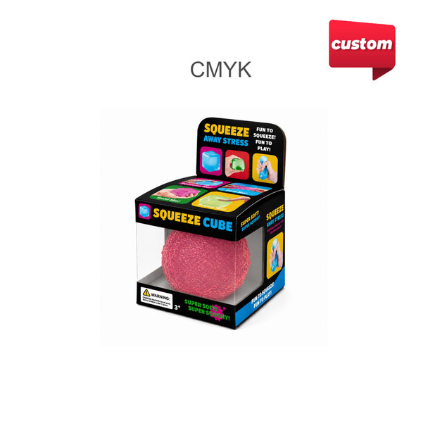 A pink squishy stress relief mini ball displayed in a clear box with vibrant graphics and branding.