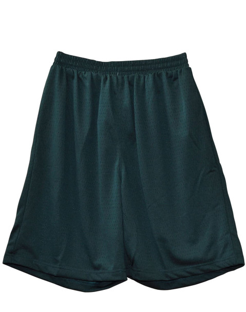 Dark green kid's basketball shorts made from lightweight fabric, featuring an elastic waistband and a logo.
