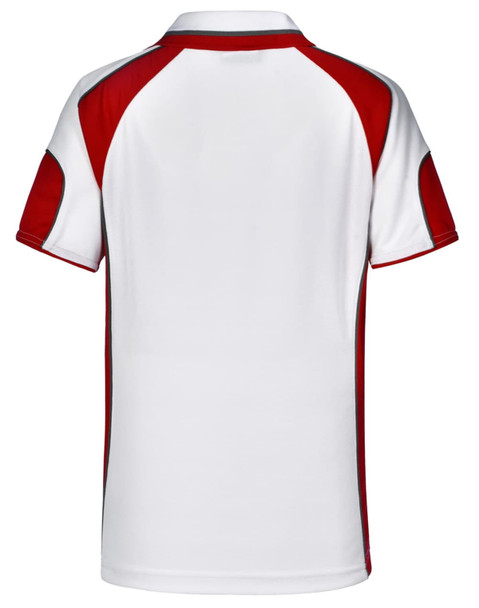 A polo shirt featuring a white base with red accents and a logo on the back.