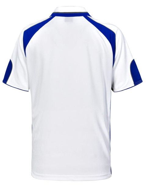 A children's polo shirt in white with blue accents, featuring a logo on the front.