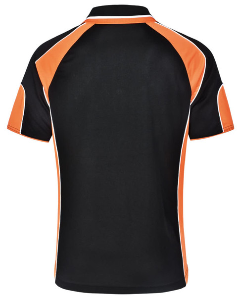 A black polo shirt with orange accents, featuring a plain back and a logo on the side.