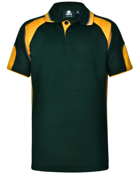 A green and yellow kid's polo shirt with a collar and two buttons, featuring a logo on the left side.