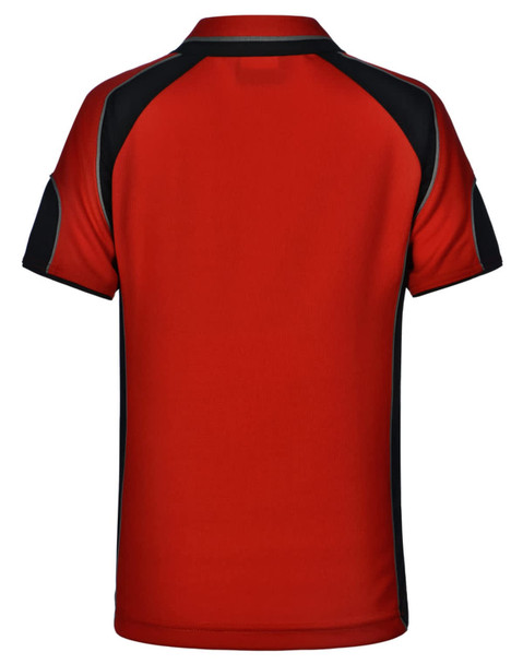 A red polo shirt with black accents, featuring a logo on the back and a classic collar design.