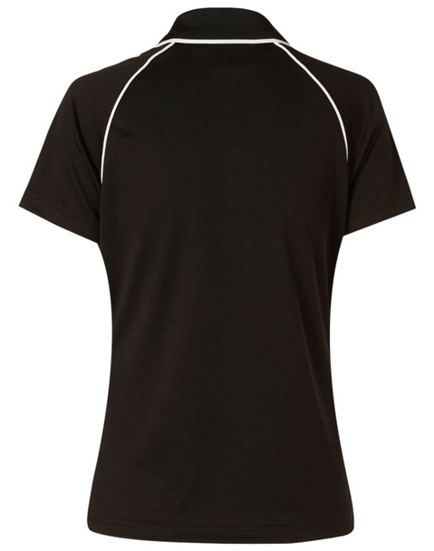 A black polo shirt with short raglan sleeves and white piping details, featuring a logo.