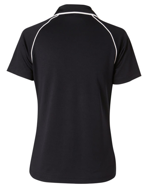 A black polo shirt featuring a raglan design with contrasting piping. The shirt has a logo on the back.