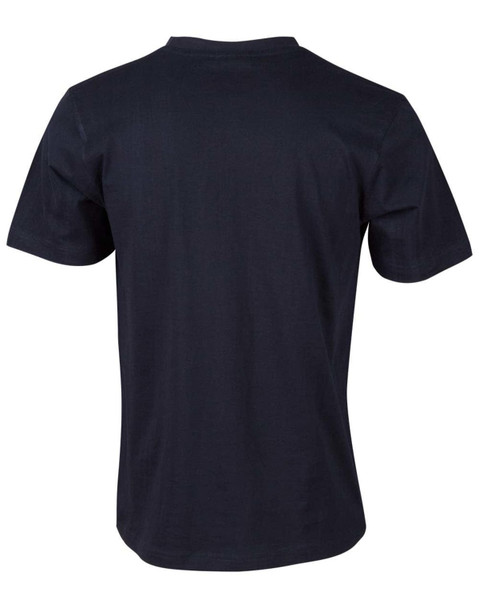 A black kid's cotton semi-fitted tee with short sleeves and a plain back. It includes a logo on the fabric.