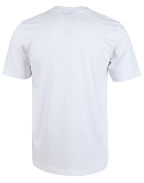 A plain white semi-fitted kid's cotton T-shirt with short sleeves and a logo on the back.