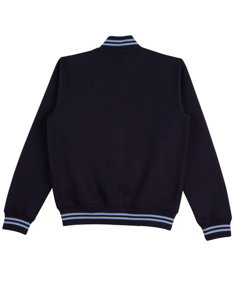 A navy blue kids' fleece varsity jacket featuring striped cuffs and collar, with a logo present.