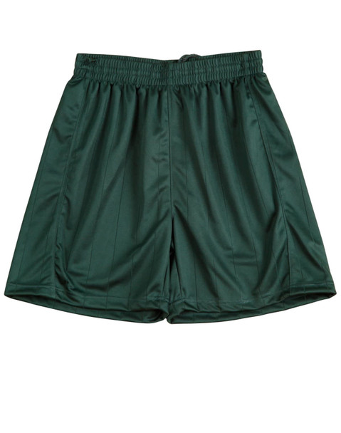 Green soccer shorts featuring an elastic waistband and a logo. Ideal for active wear or sports activities.