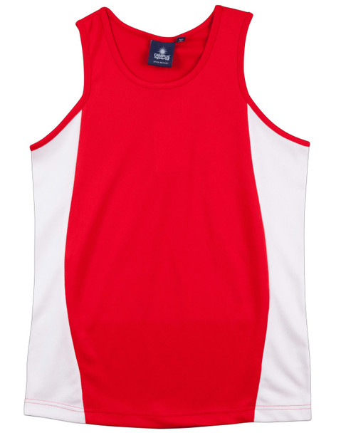 A red and white kid's singlet with contrast mesh sides; features a logo on the interior label.