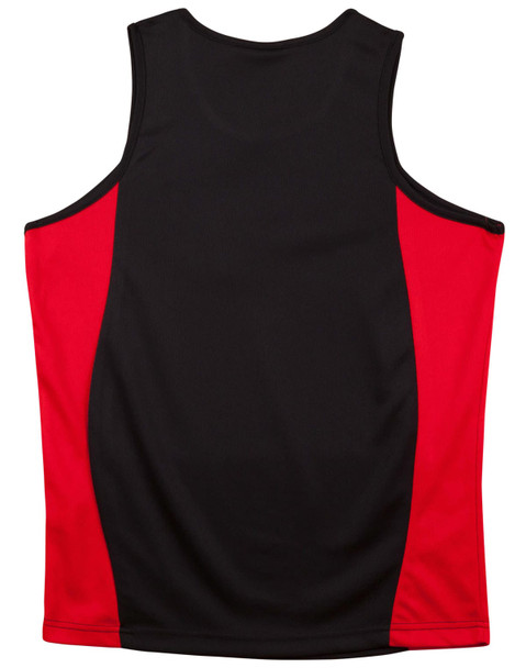 A black and red kids' singlet featuring contrast mesh panels and a simple design. It has a logo on the side.