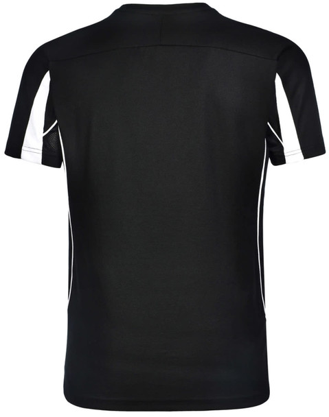 A black short-sleeve T-shirt featuring white accents and a logo. The back view displays mesh paneling.