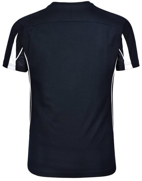 A black short-sleeved T-shirt with white accents and a logo on the back.