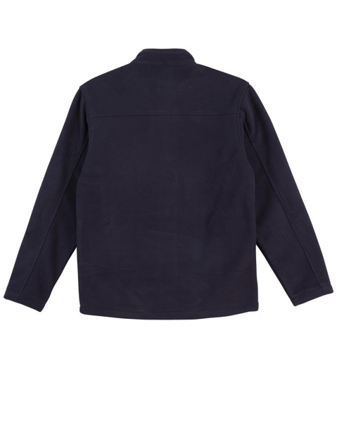 A dark navy polar fleece jacket with a full zip and a plain back. Features a branding logo.