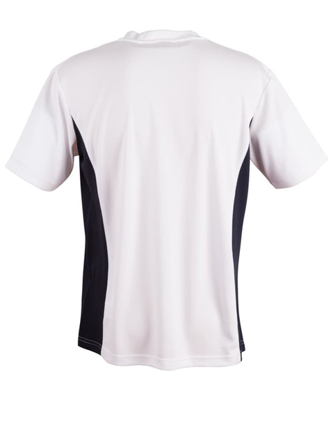 A short-sleeved kids' T-shirt in white with navy contrast panels on the sides, featuring a logo.