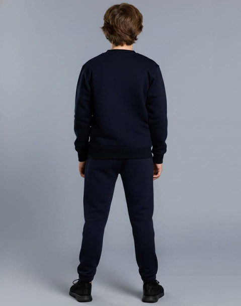 A navy fleecy sweater for kids, viewed from the back, paired with matching pants. The garment has a logo.