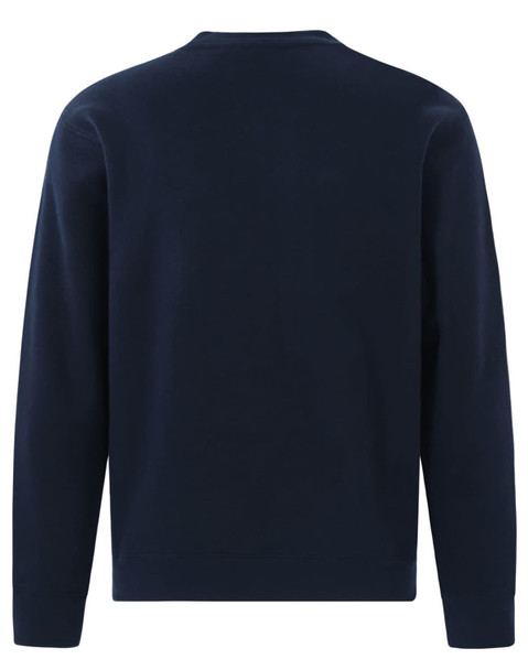 A navy blue crew neck fleece sweater with a plain back design and long sleeves. Features a logo on the front.