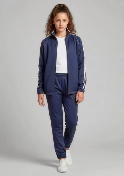A navy blue track jacket featuring white stripes, paired with matching navy pants and a white top. The model is wearing white shoes.