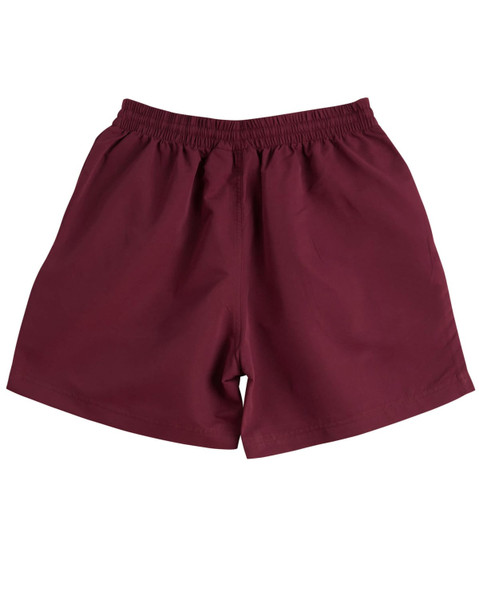 Maroon kids' microfibre sports shorts with an elastic waistband and no pockets, featuring a logo.