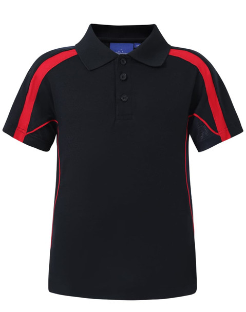 A kids' short-sleeve polo shirt in navy blue with red accents and a branded logo.