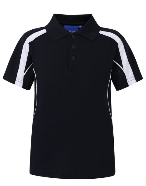 A black kids' polo shirt with white accents and a collar, featuring a logo on the front.