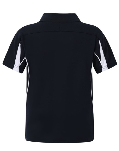 A navy polo shirt with white detailing, featuring a collar and short sleeves, and a logo on the back.