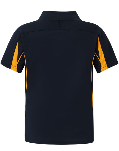 A navy blue polo shirt with yellow accents, featuring a collar and short sleeves. It has a logo displayed.