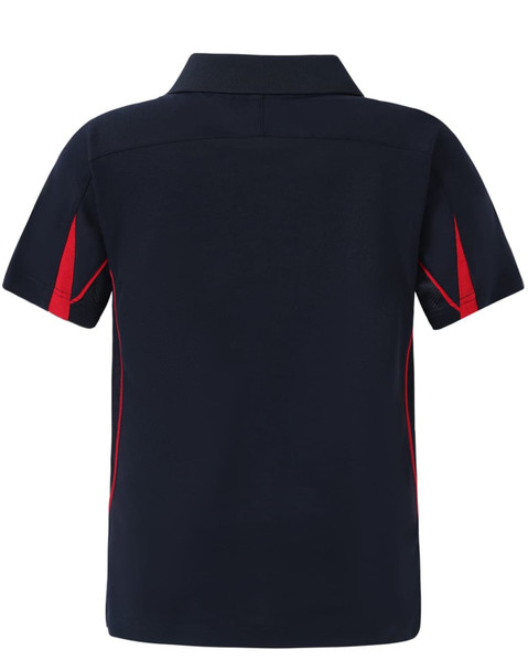 A navy blue kids' polo shirt featuring red accents and a logo on the chest. Simple design with a short-sleeve cut.