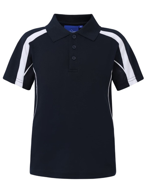 A navy blue kids' polo shirt with white detailing and a logo, featuring a classic collar and button placket.