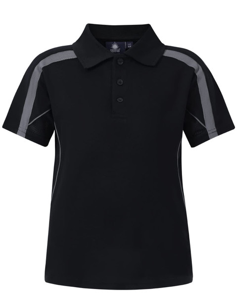 A black kids' polo shirt featuring grey accents and a collar, with a logo on the chest area.