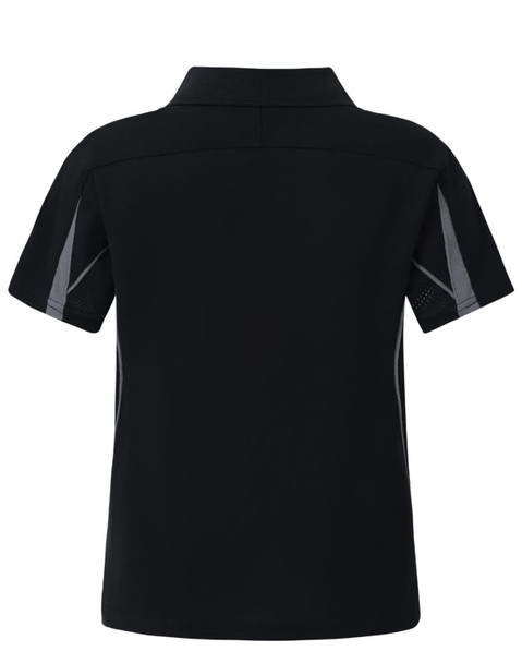 A black polo shirt for kids with grey side panels and a collar, featuring a logo on the back.
