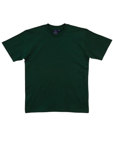 A green children's t-shirt with a plain design and a logo on the label.