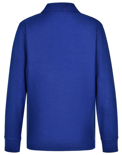A blue long sleeve polo shirt made of poly/cotton fabric, featuring a collar and a logo.