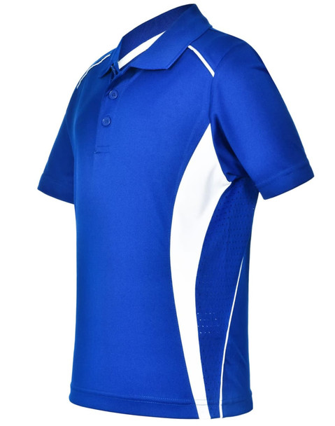 A blue kids' polo shirt with white contrast panels and a collar, featuring a logo on the front.