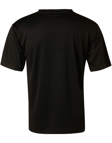 A black short sleeve tee with a smooth finish, featuring a branding logo on the back.