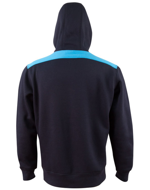A black hoodie with a blue contrast panel across the shoulders and a hood. It features a logo on the back.
