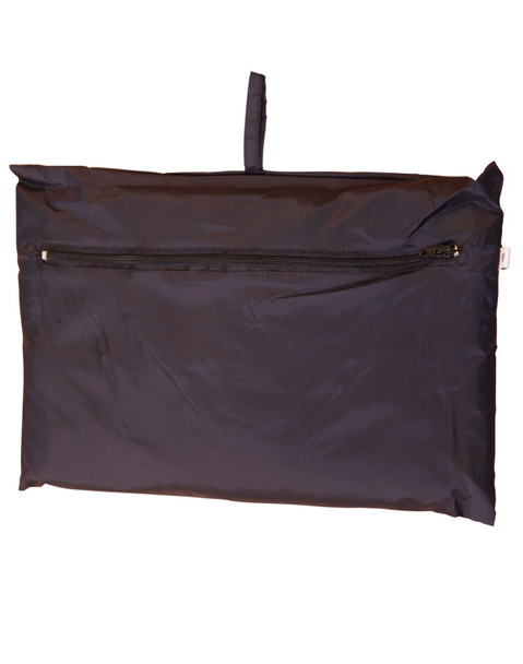 A black spray jacket for kids, featuring a zippered pocket and a hanging loop for storage.