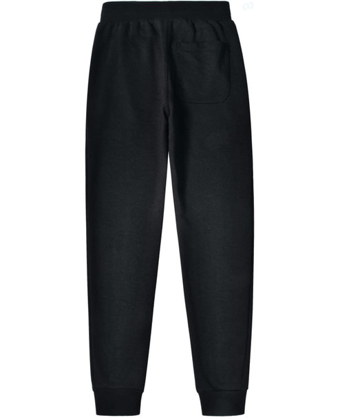 Black kids' poly/cotton terry track pants with an elastic waistband and a single back pocket. Features a logo.