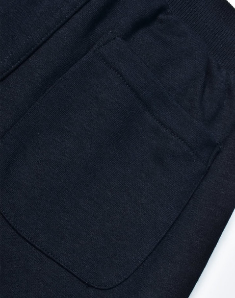 Dark blue kids' poly/cotton terry sweat pants featuring a single patch pocket on the side.