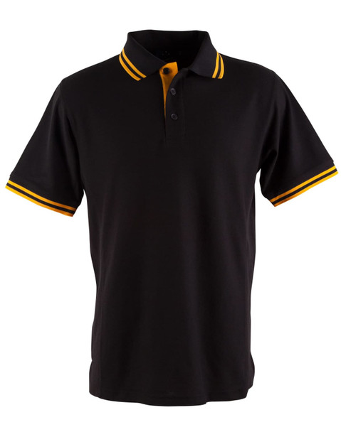 A black polo shirt with yellow striped accents on the collar and sleeves, featuring a logo on the chest.
