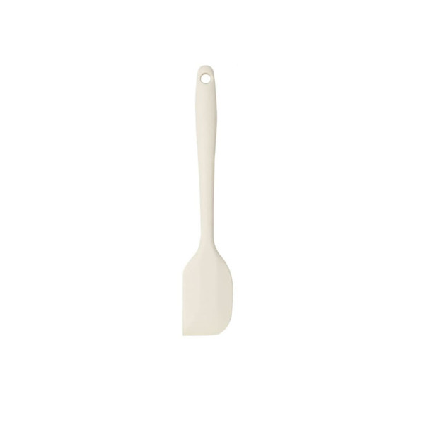 A silicone spatula in a cream colour, featuring a flat head and a long handle with a hanging hole.