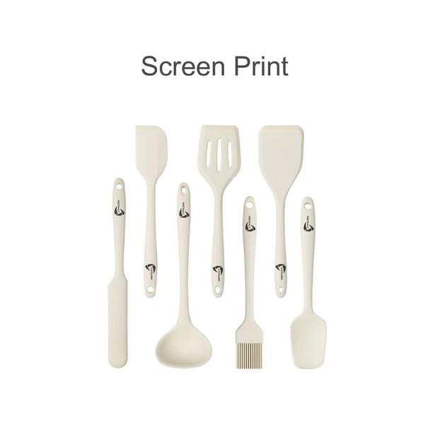 A silicone kitchenware set in cream, featuring various tools including a spatula, spoon, and ladle, with a logo.