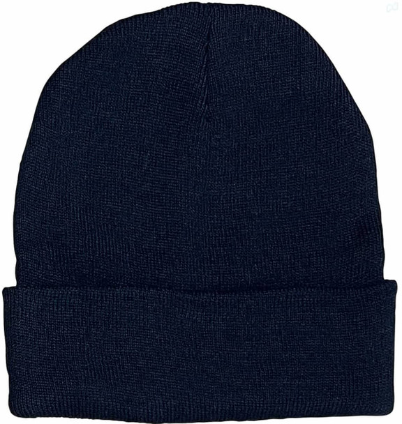 A navy beanie hat with a rolled cuff, made from rPET material, featuring a logo on the side.