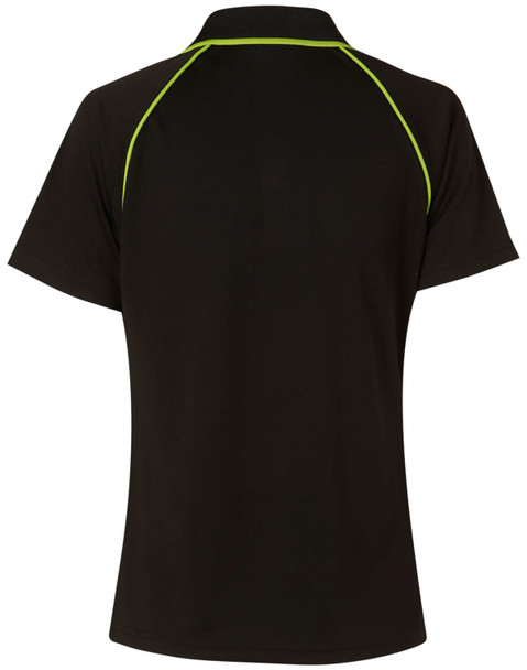 A black ladies cooldry raglan short sleeve polo featuring contrasting green piping and a logo.