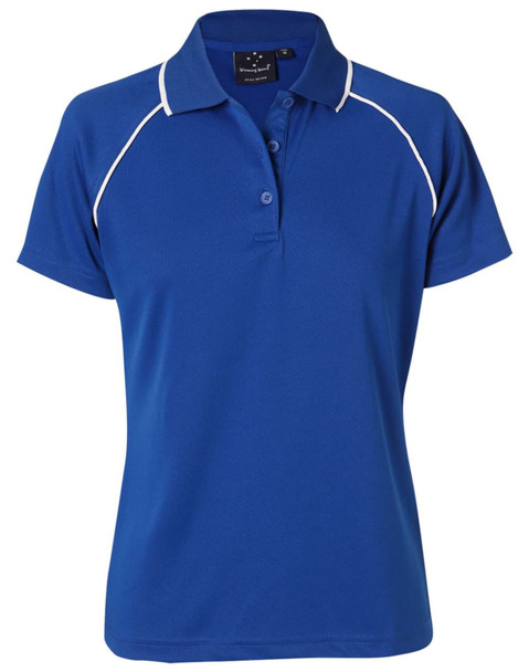 A blue polo shirt for ladies featuring a collar and contrasting white piping. Includes a logo on the label.